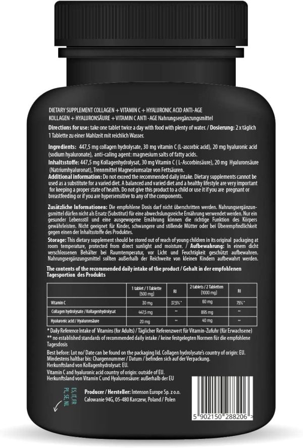 Nature Diet - Colágeno con Ácido Hialurónico y Vitamina C | 180 Tabletas de 500mg | Anti-Envejecimiento | Colágeno Hidrolizado Online Hot Sale